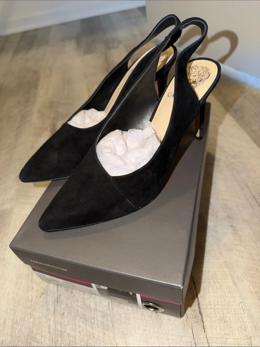 Vince Camuto Black Suede Alleema Slingback Pointed-Toe Pumps